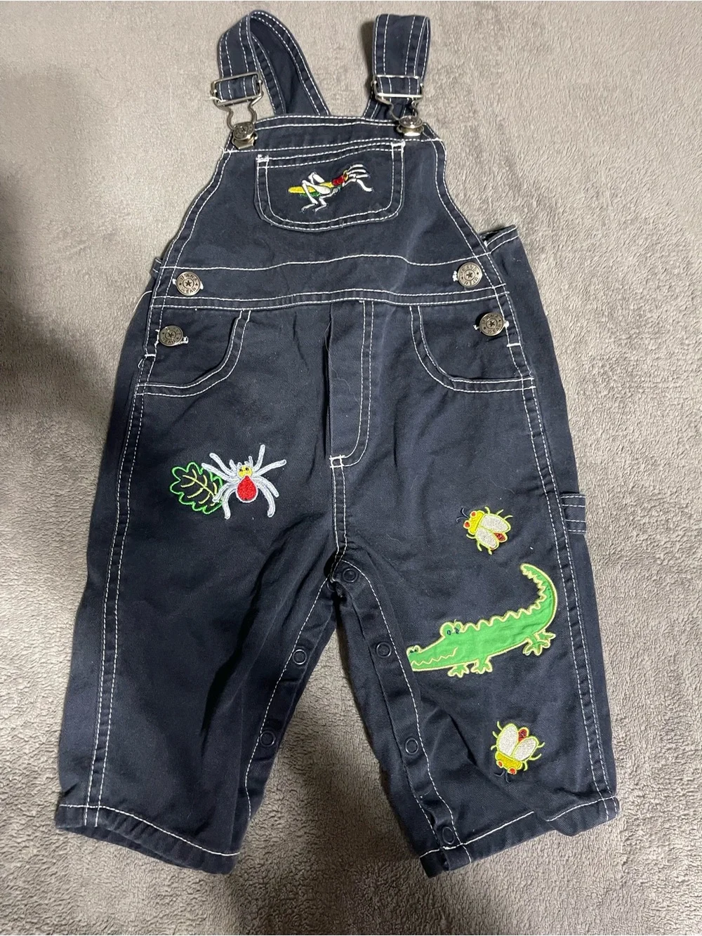 Navy‎ Blue Toddler Overalls with Green Crocodile & Bug Embroidery Y2K